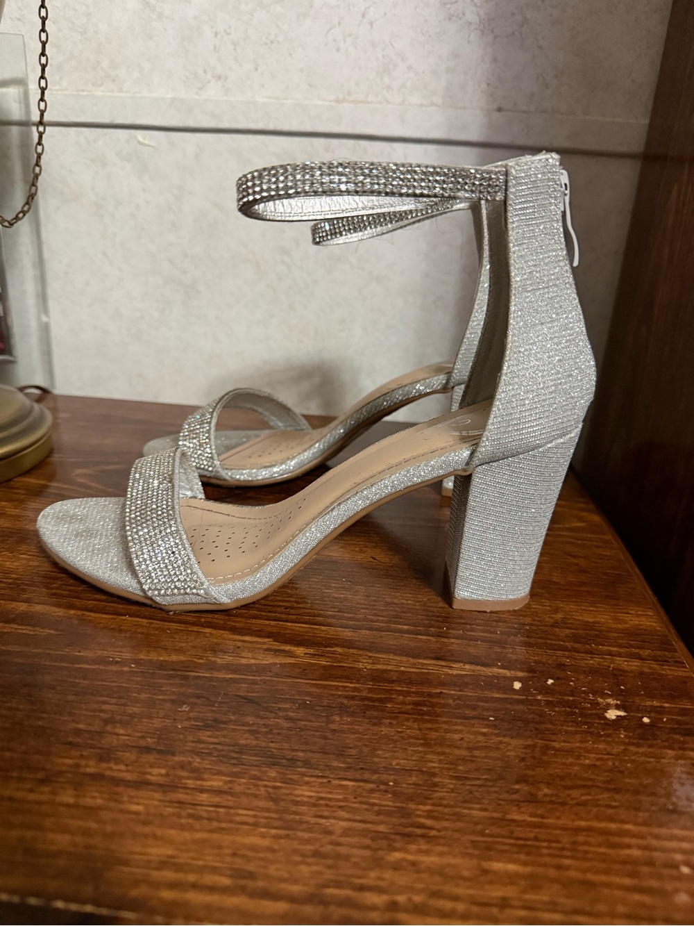 Silver Embellished Ankle-Strap Women's Heels - Picture 2 of 10